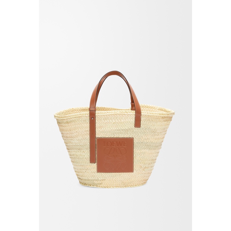 Large Classic Basket in palm leaf and calfskin