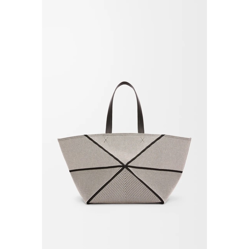 XXL Puzzle Fold tote in canvas jacquard and calfskin