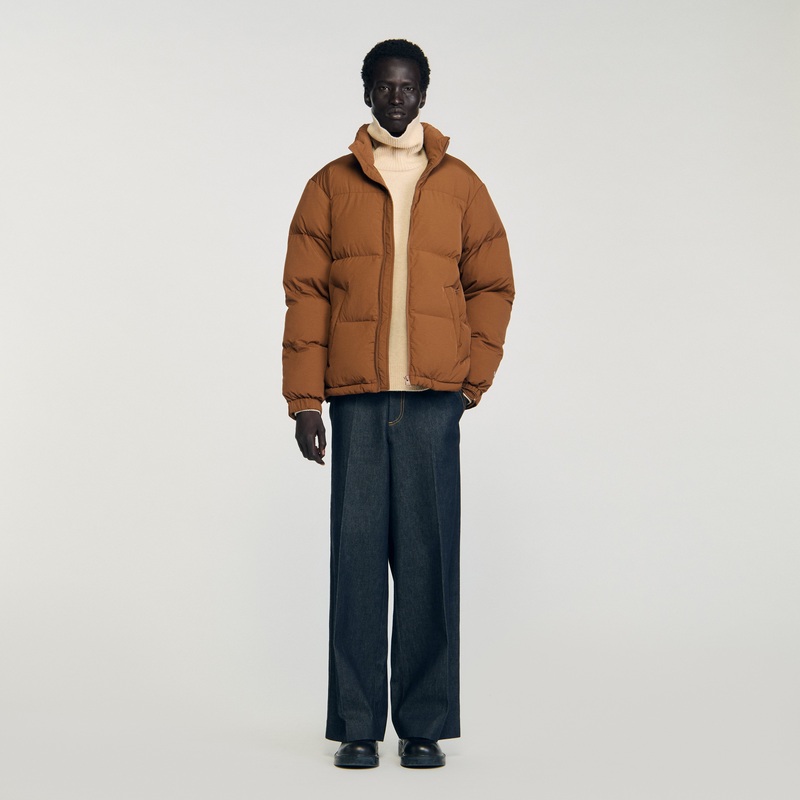 Hooded puffer with high collar