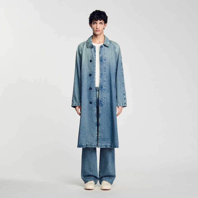 Long faded denim coat