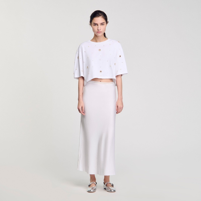 Cropped pearl bead T-shirt