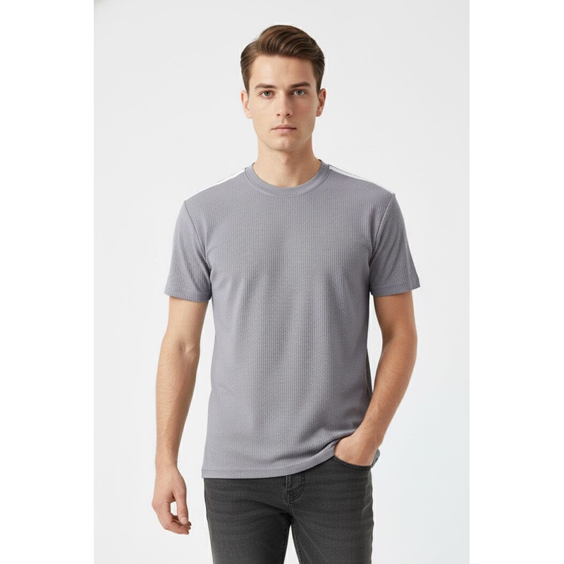 Men’s Dry Fit Self Textured Dual-Striped Tee Shirt