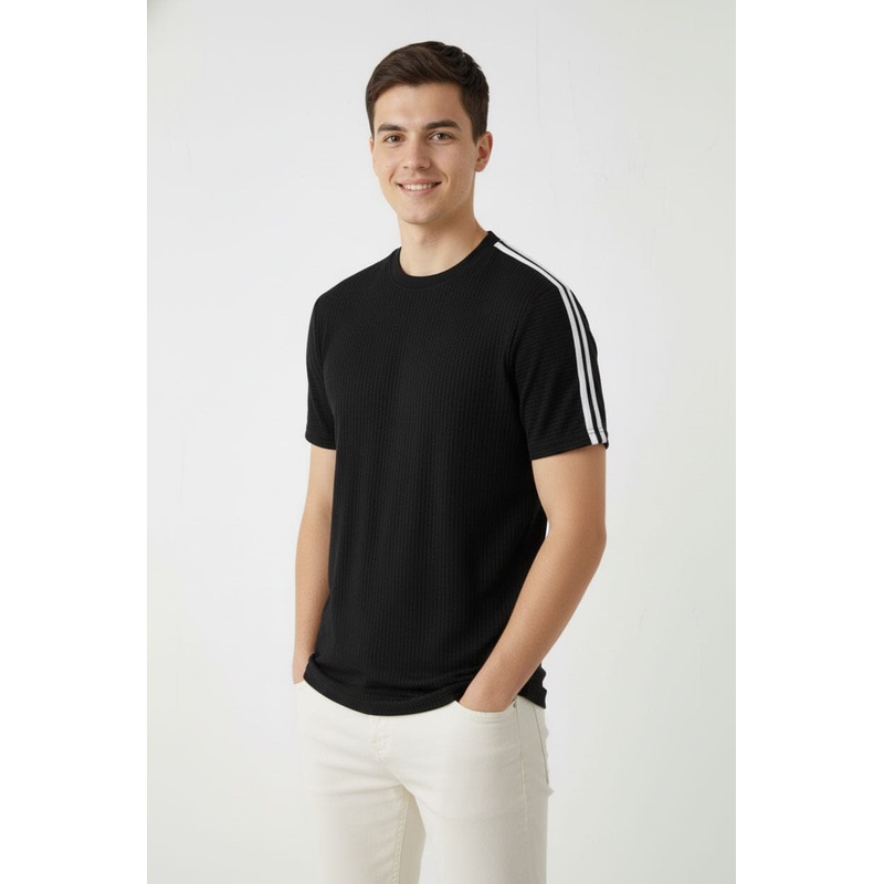 Men’s Dry Fit Self Textured Striped Shoulder Tee Shirt