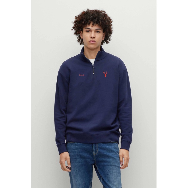 Polo Republica Men’s Quarter Zipper Deer & Polo Embroidered Fleece Sweat Shirt