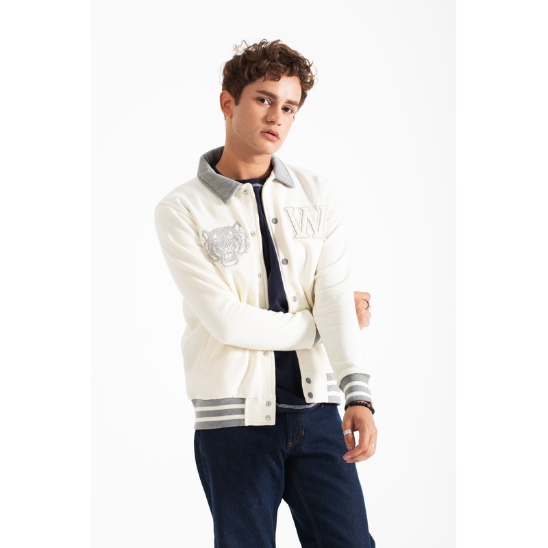 Primark Unisex Tiger Embroidered Baseball Varsity Fleece Jacket