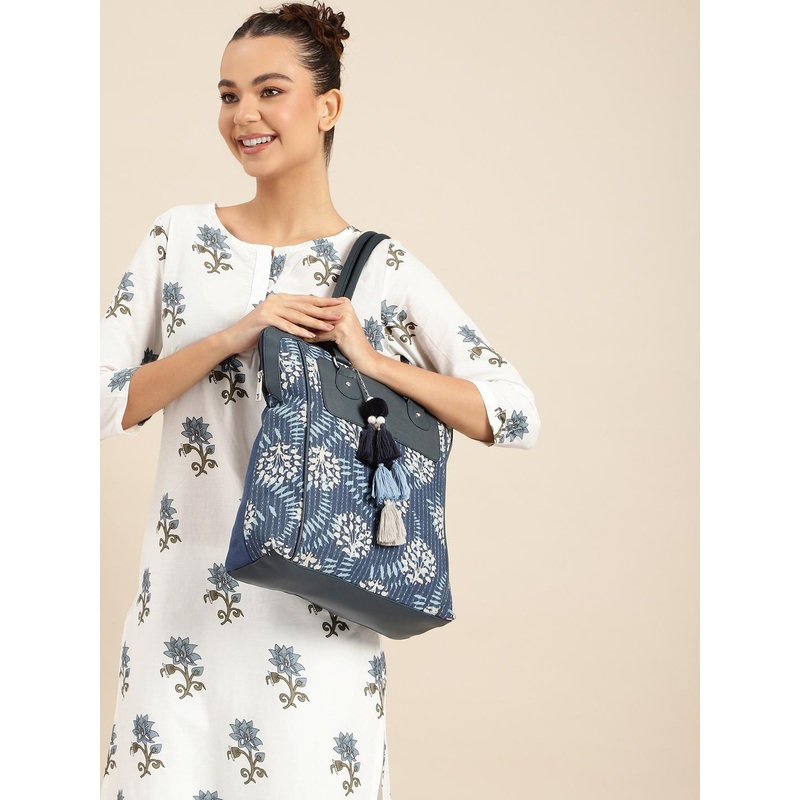 Anouk Floral Printed Structured Tote Bag with Tasselled