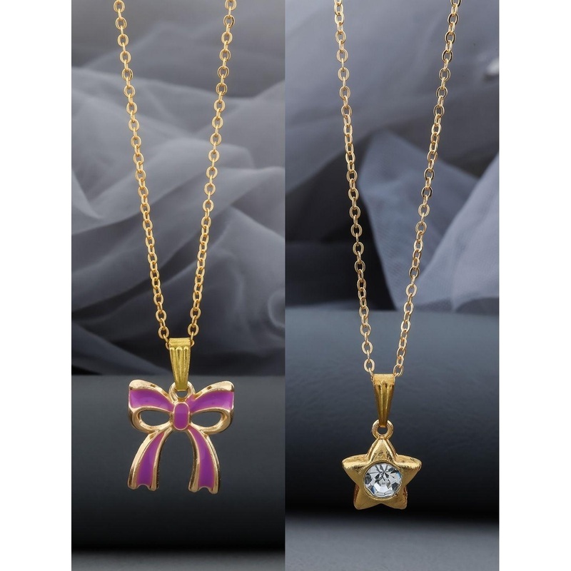 Birado Jewellery Set Of 2 Stainless Steel Gold-Plated Beaded Bow Shaped Pendant & Chains