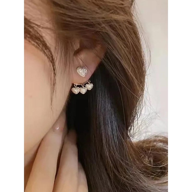 TheVineGirl Korean Studded Heart Tassels Shiny Stud Earrings