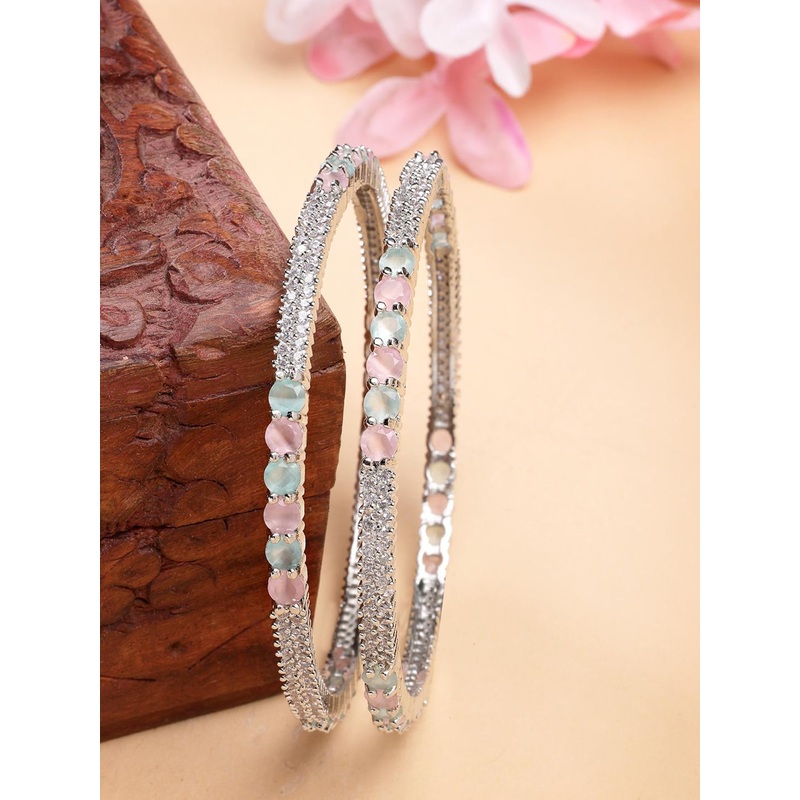 ZENEME Women Set Of 2 Rhodium-Plated Pink & Sea Green AD Crystal Radiance Bangles