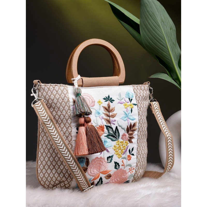 Anekaant Floral Embroidered Cotton Jacquard Handheld Bag