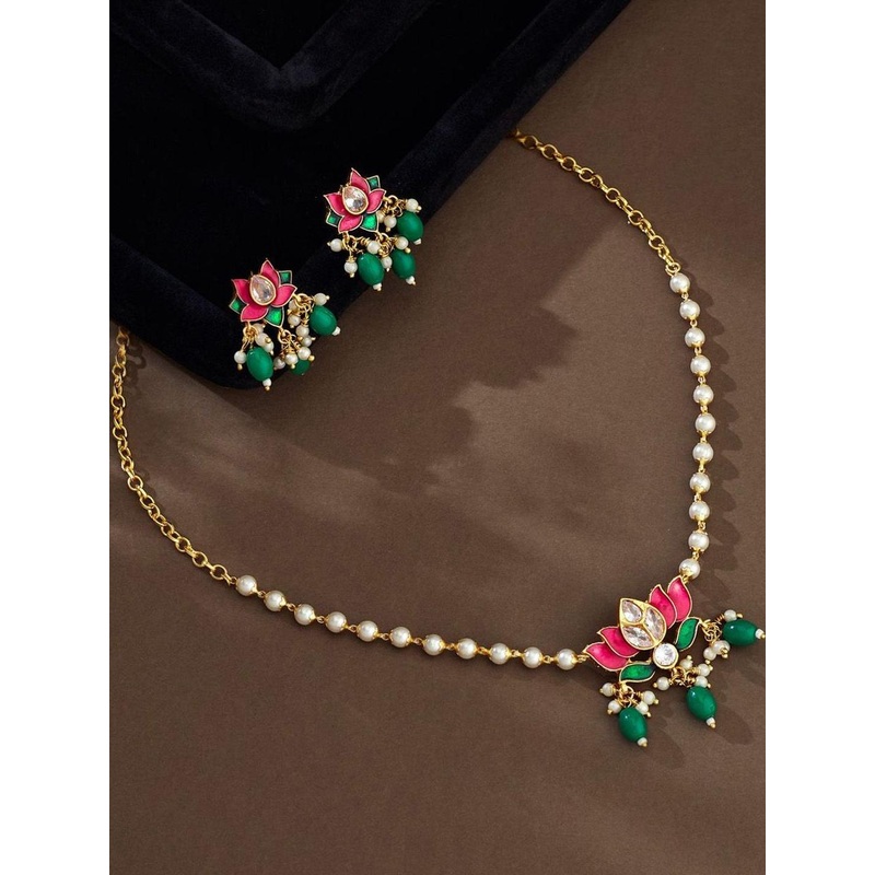 Anouk gold plated & Emerald green – pink polki kundan stone studded floral delicate necklace