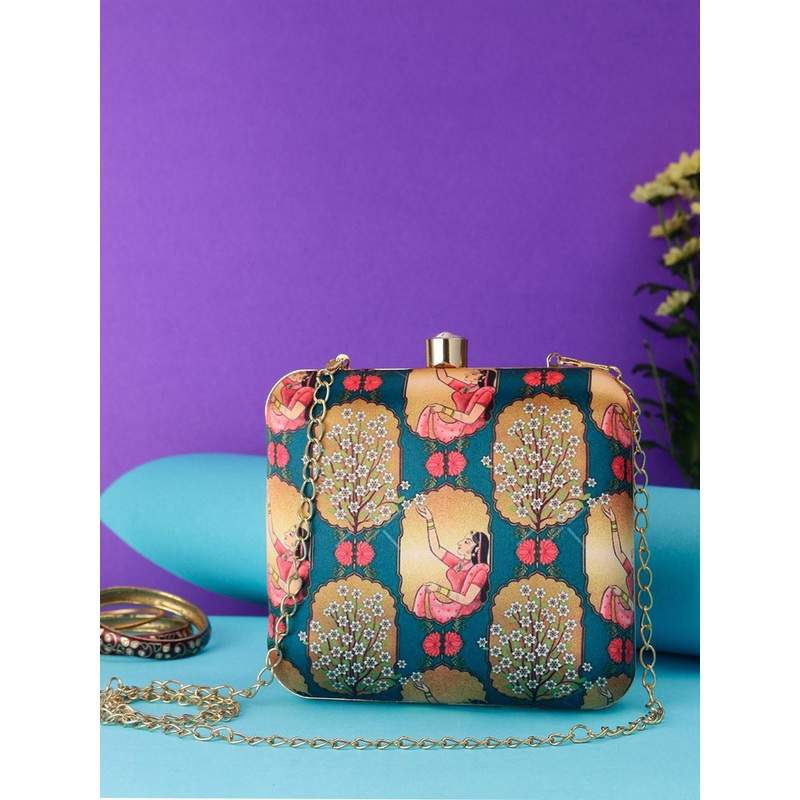 Anouk Teal Green Printed Box Clutch