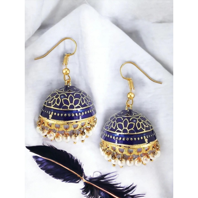 FEMMIBELLA Navy Blue & Gold-Toned Geometric Jhumkas Earrings