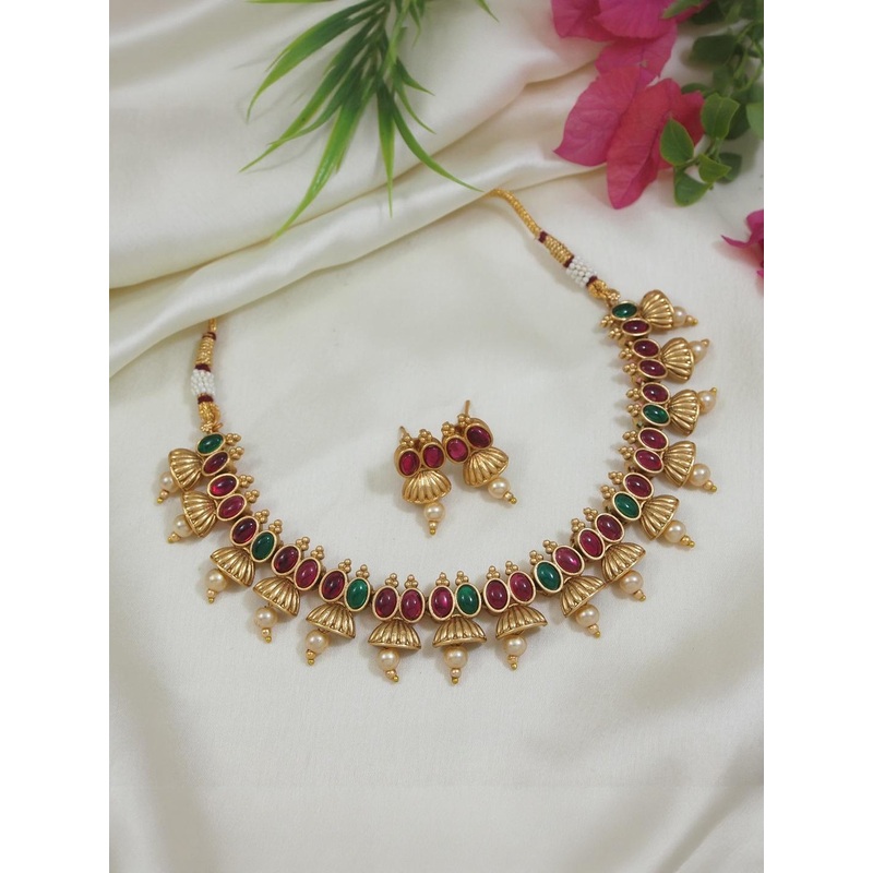 House of Pataudi Gold-Plated Kundan-Studded Temple Jewellery Set