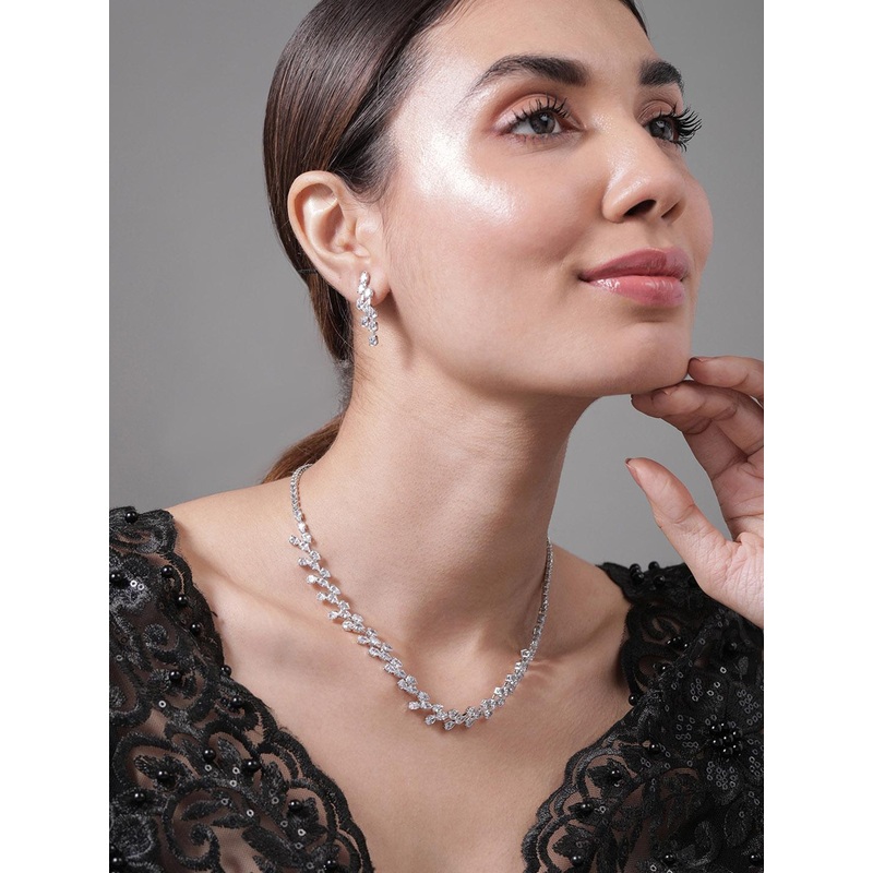 Rubans Rhodium-Plated Cubic Zirconia & American Diamond-Studded Floral Motif Jewellery Set