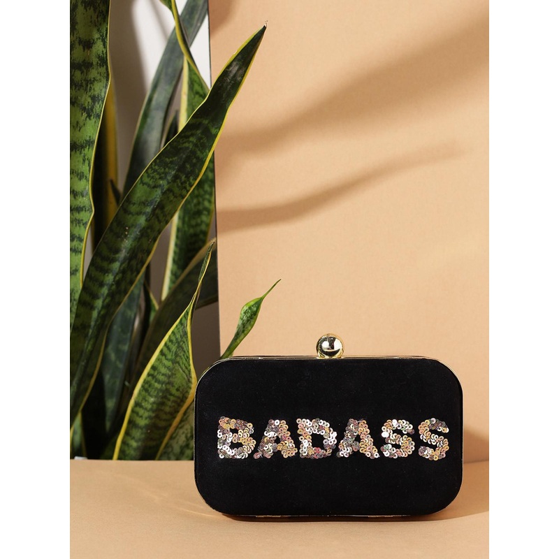 STREET 9 Black And Gold Embellished Clutch