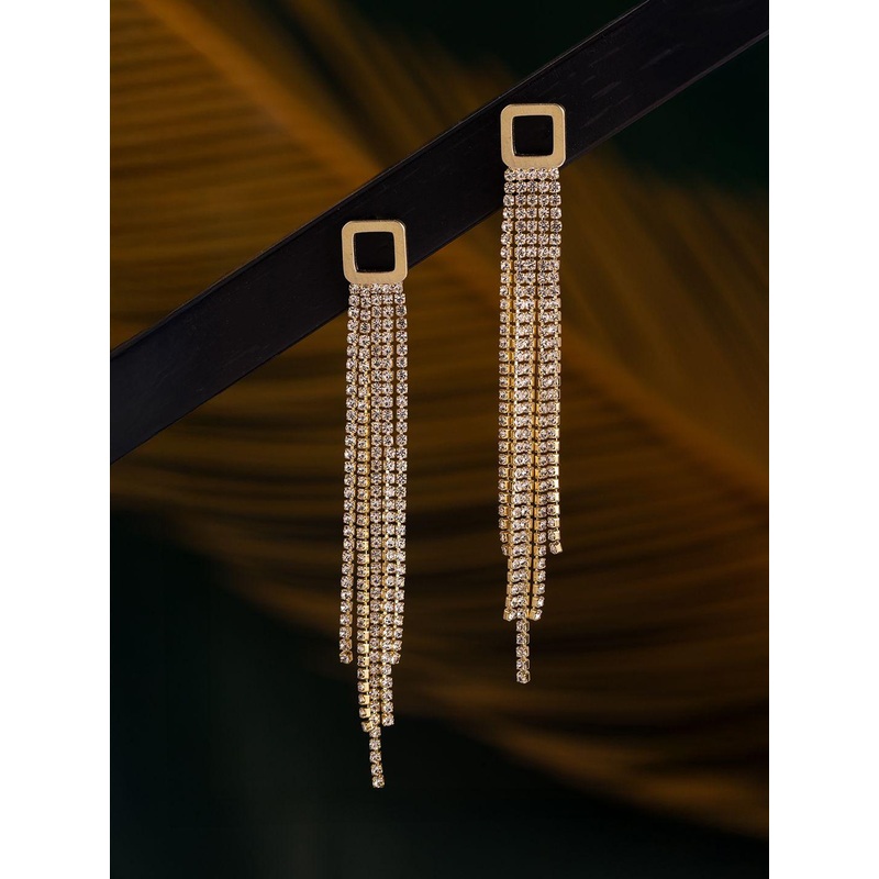 Voylla Gold-Plated Contemporary American Diamond Studded Drop Earrings