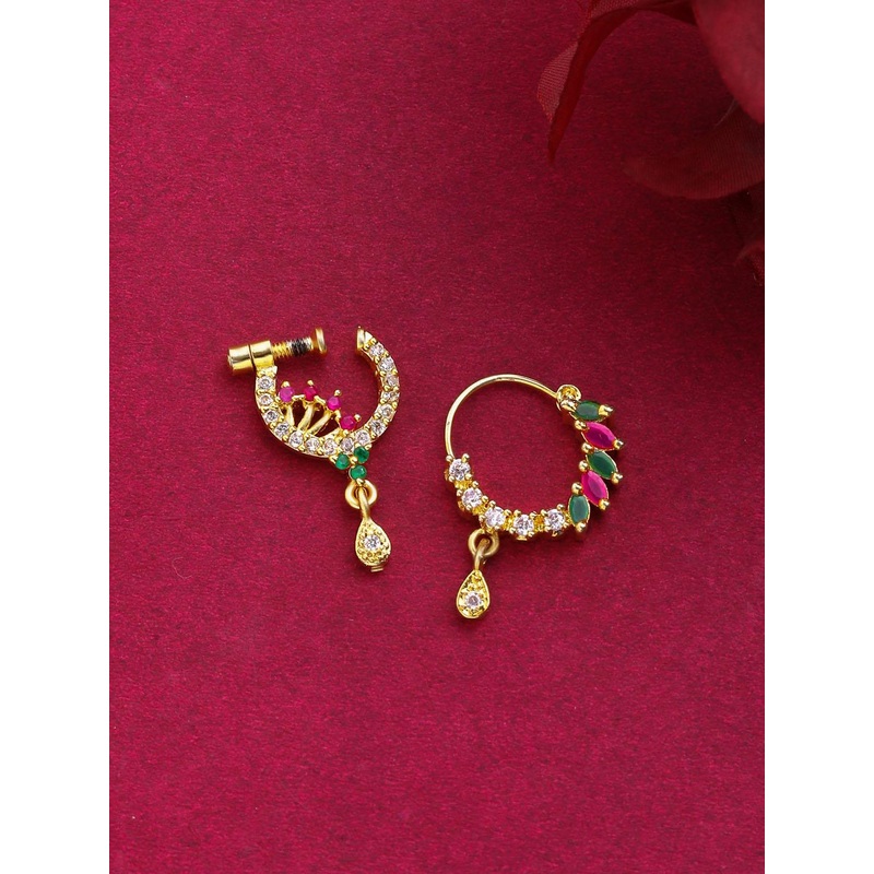 Yellow Chimes Set Of 2 Gold-Plated White & Pink AD-Studded Nose Pins
