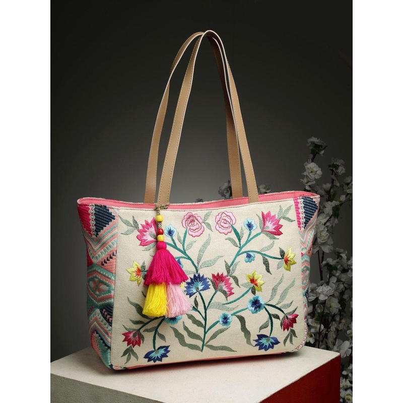 Anekaant Floral Embroidered Cotton Jacquard Structured Tote Bag