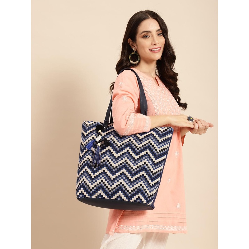 Anouk Chevron Woven Design Oversized Structured Shoulder Bag with Tasselled Detail