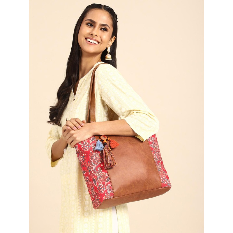 Anouk Ethnic Motifs Printed Oversized Shopper Tote Bag with Tasselled