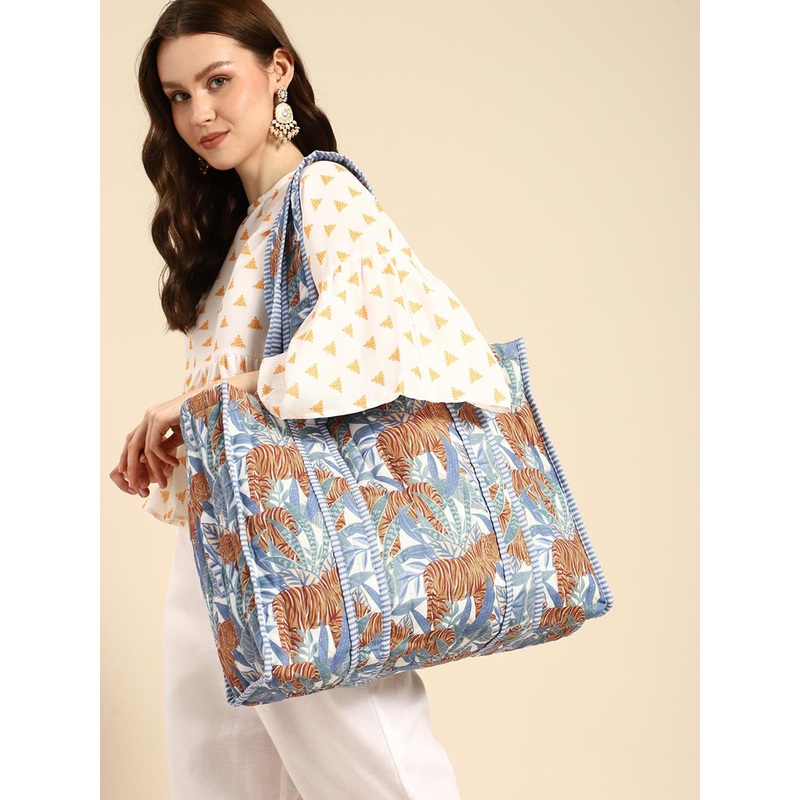 Anouk Printed Structured Tote Bag with Quilted