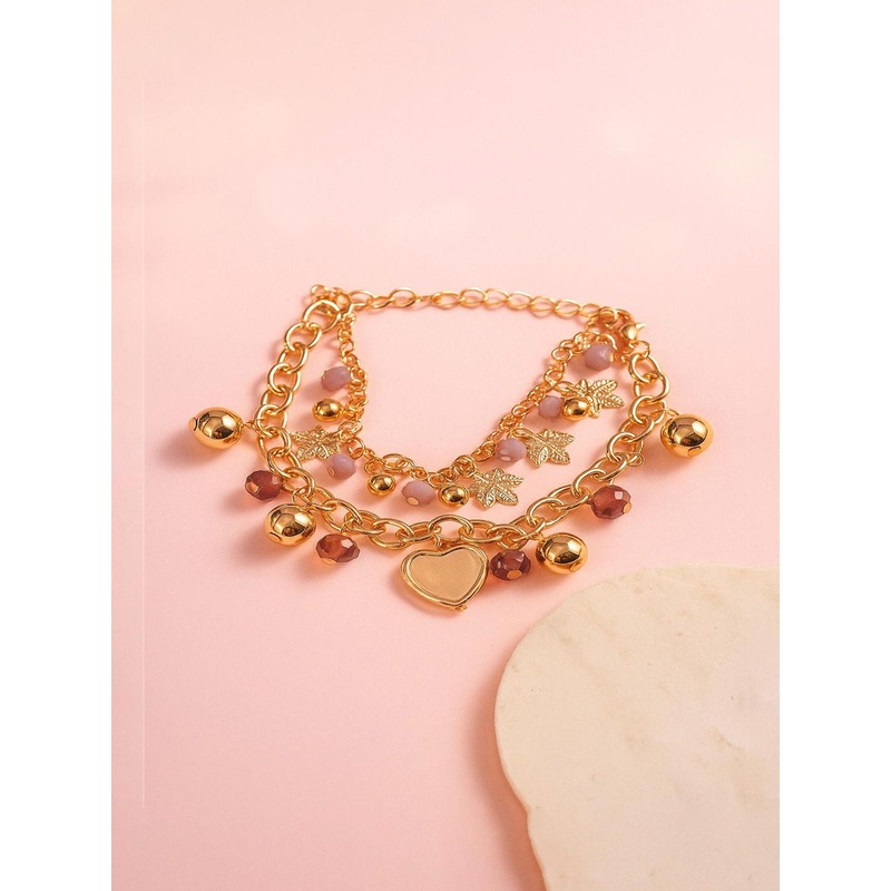 Jewelz Gold-Plated Artificial Beaded Gold Charm Wraparound Bracelet