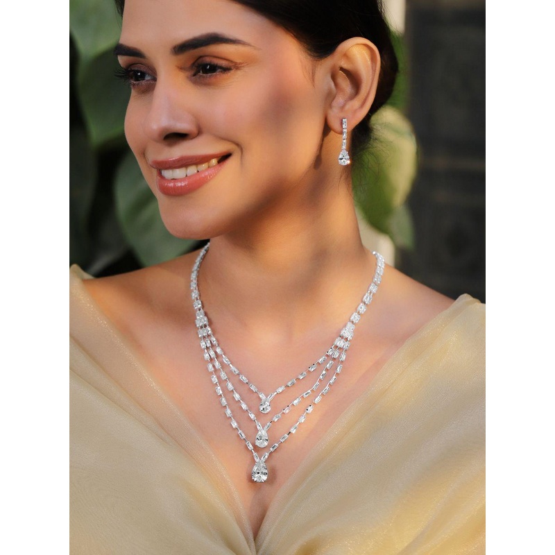 Rubans Rhodium Plated Crystal-Studded Layered Jewellery Set