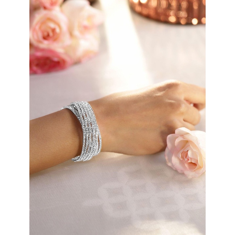 Rubans Rhodium-Plated Cubic Zirconia Stone Studded Cuff Openable Bracelet