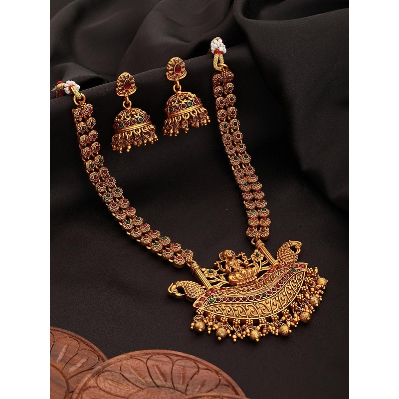 Saraf RS Jewellery Gold-Plated AD Studded Kempo Goddess Lakshmi Temple Jewellery Set