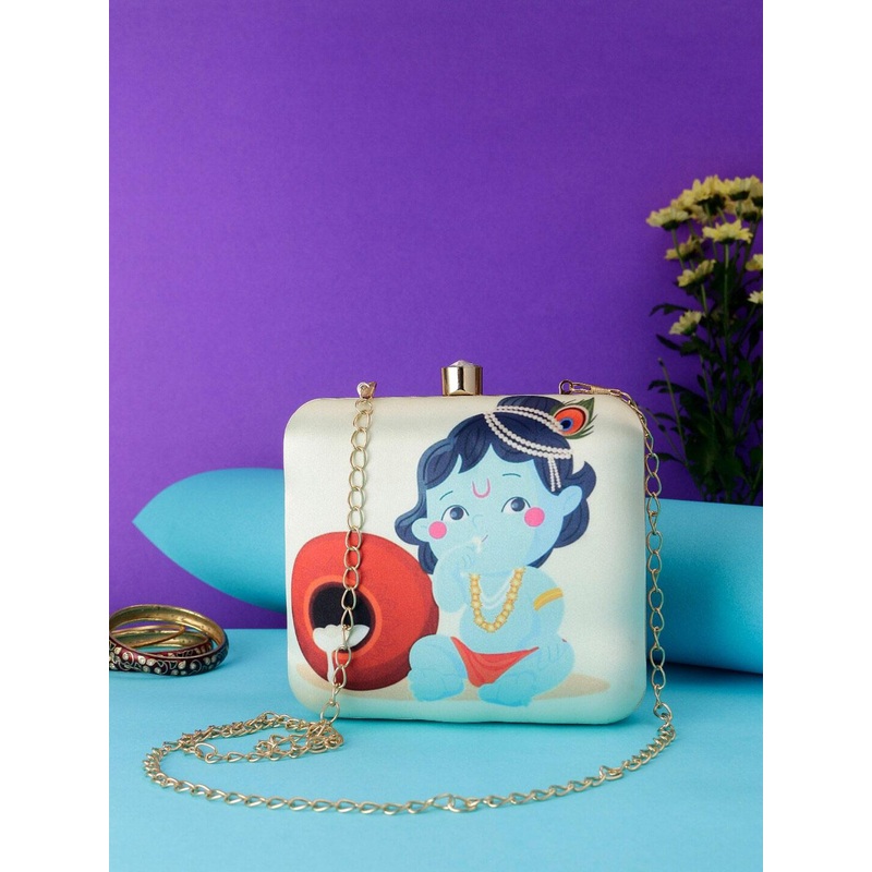 Swisni White & Blue Printed Box Clutch With Shoulder Strap