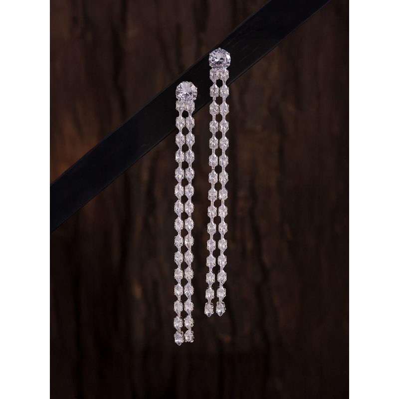 Voylla Korean Bling Rhodium-Plated American Diamond Studded Glitter Rainfall Drop Earrings