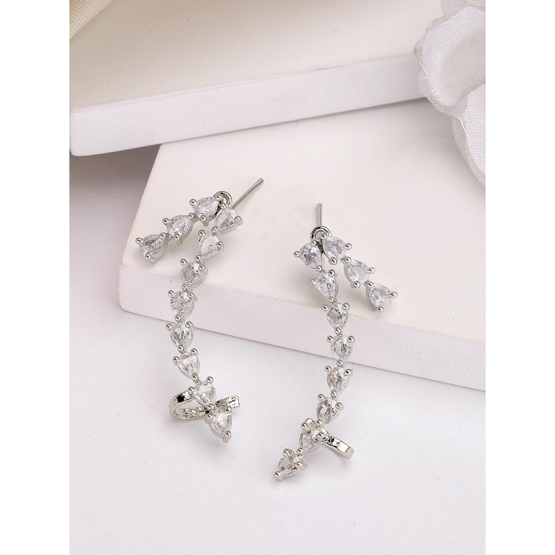 ZENEME Rhodium Plated American Diamond Studded Teardrop Shaped Ear Cuff Earrings