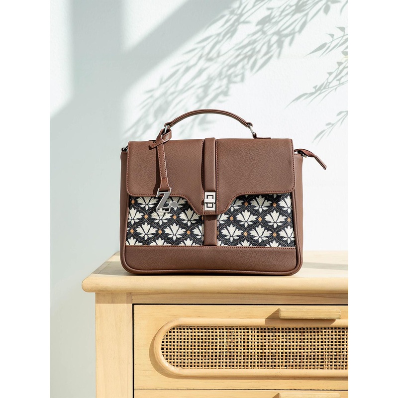 ZOUK Bidri Kaiser Nessa Floral Printed Structured Jute Satchel