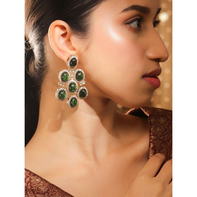 Rubans 22K Gold-Plated Emerald Green Oval Stone & Cubic Zirconia Chandelier Earrings