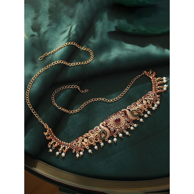 Saraf RS Jewellery Gold-Plated Pink & Green Stone Studded & Pearl Beaded Kamarband