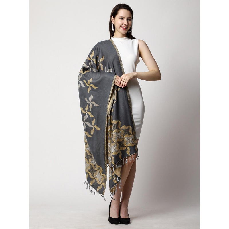 SWI Stylish Tasselled Floral Woven Design Stole