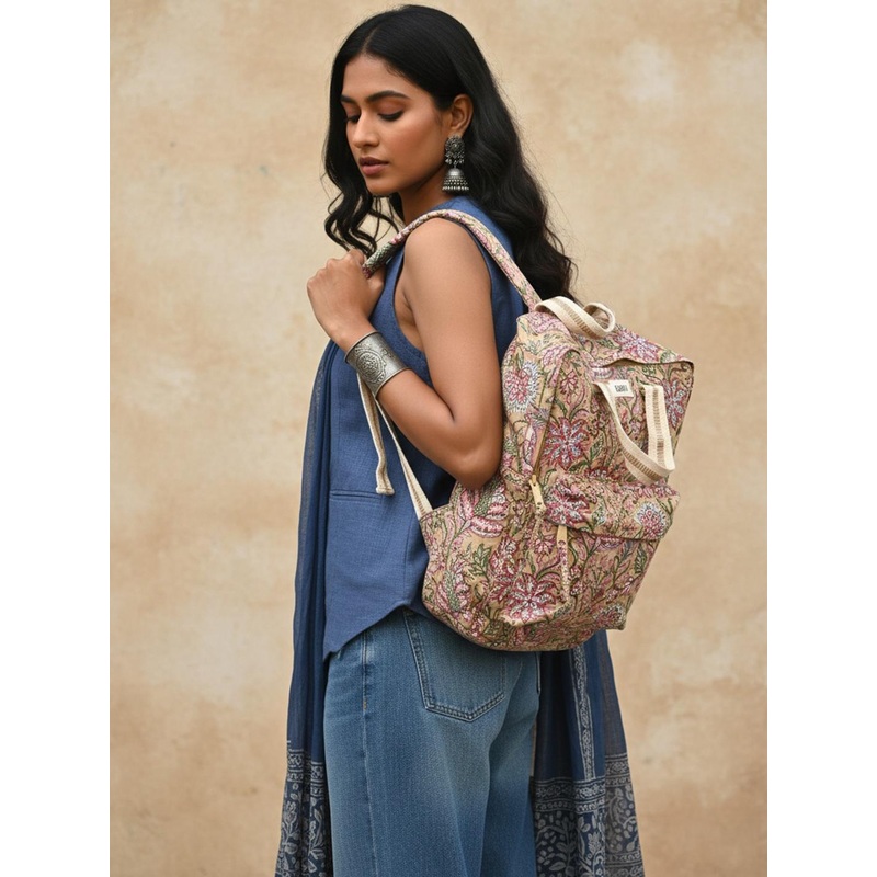 Taavi Women Floral Block Printed Canvas College Backpack