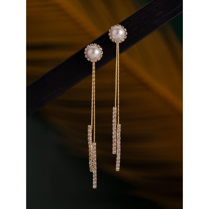 Voylla Gold-Plated American Diamond Studded Korean Contemporary Drop Earrings