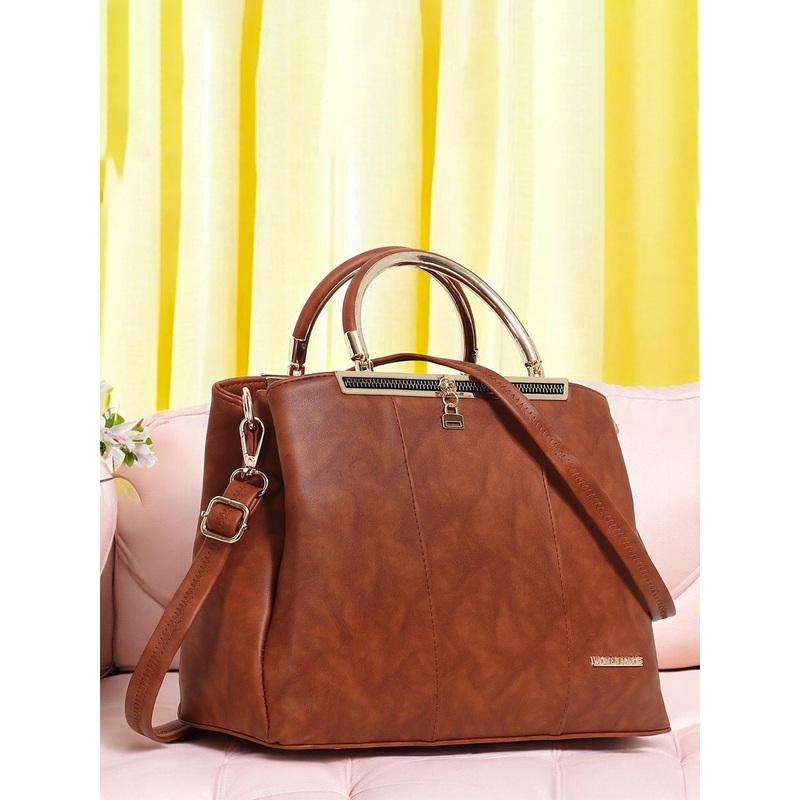 WOMEN MARKS Brown PU Oversized Structured Handheld Bag with Tasselled