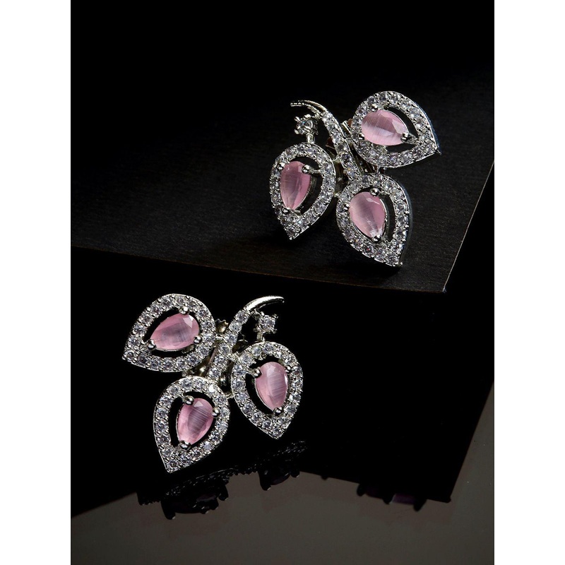 ZENEME Rhodium Plated AD Studded Leaf Design Stud Earrings