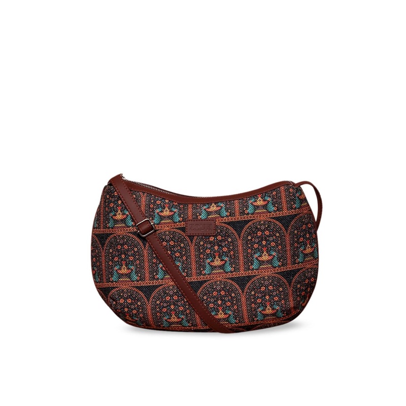 ZOUK Multicoloured Ethnic Motifs Half Moon Sling Bag