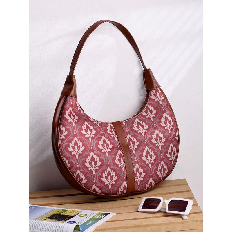 Anouk Floral Printed Half Moon Hobo Bag with Quilted