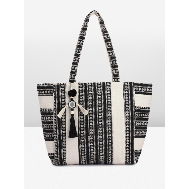 Anouk Geometric Printed Oversized Structured Tote Bag with Tasselled