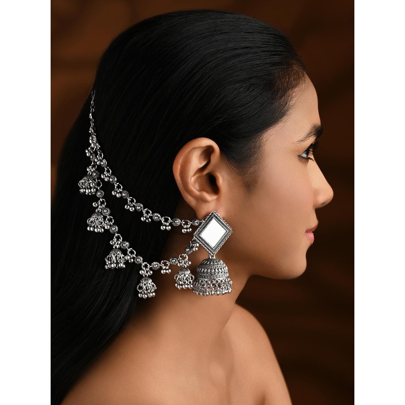 I Jewels Oxidised Contemporary Ghungroo Jhumka Earchain