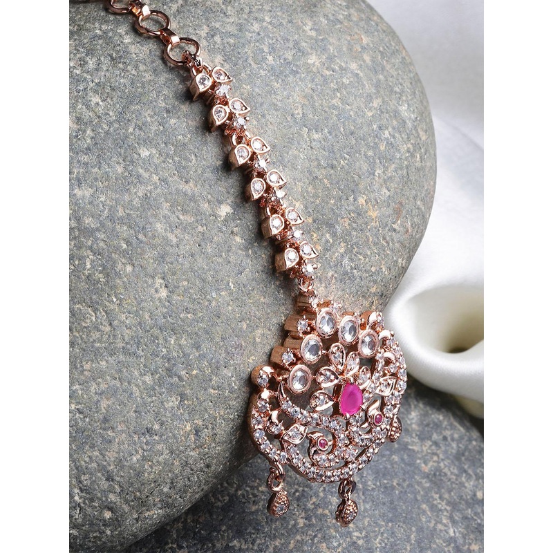 KARATCART Rose Gold-Plated White & Pink AD-Studded Maang Tikka