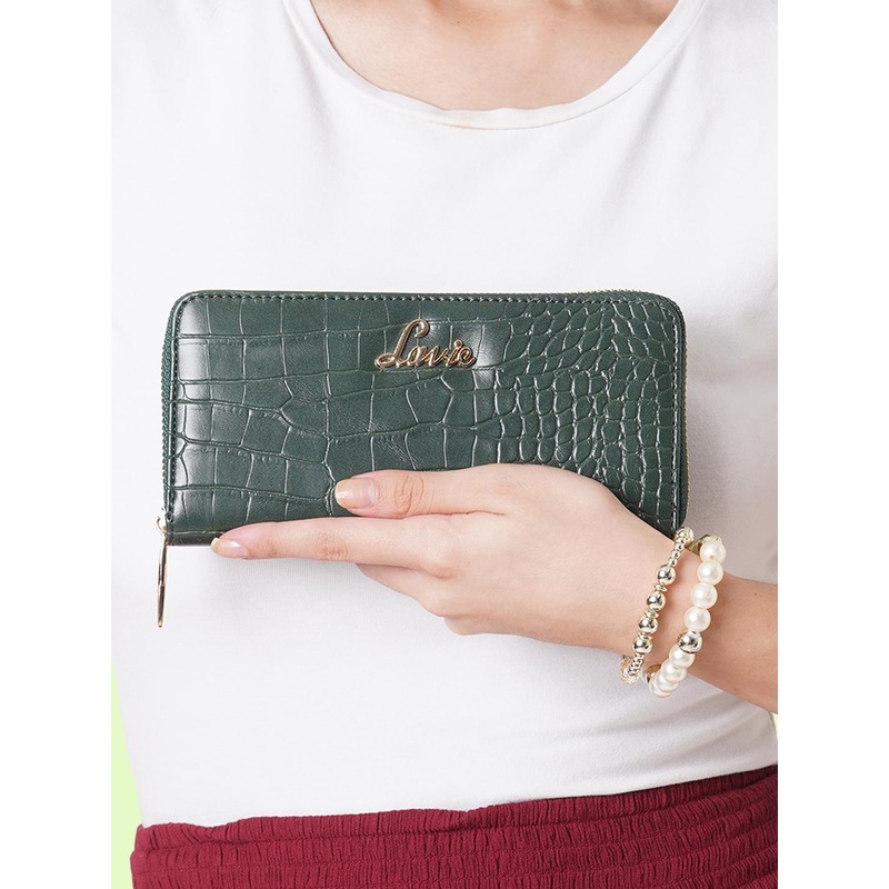 Lavie Glossy Sacy Women Green Animal Textured Zip Around Wallet