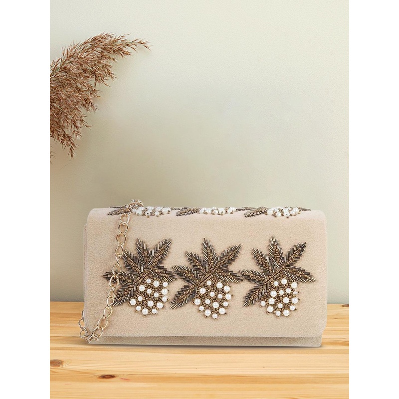 Mochi Beige & Gold-Toned Embellished Sling Bag