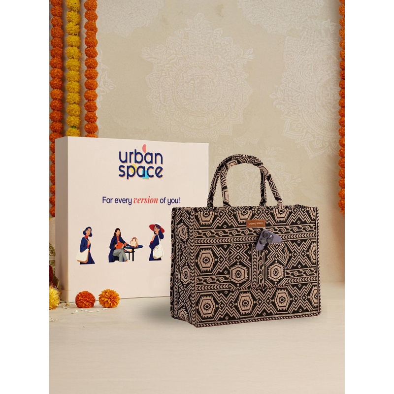 URBAN SPACE Geometric Oversized Bucket Tote Bag with Cut Work