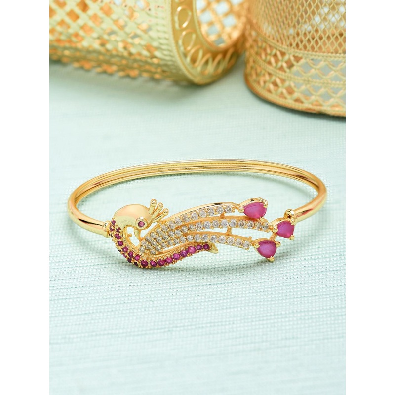 Zaveri Pearls Gold-Plated Peacock Shaped Cubic Zirconia Studded Kada Bracelet